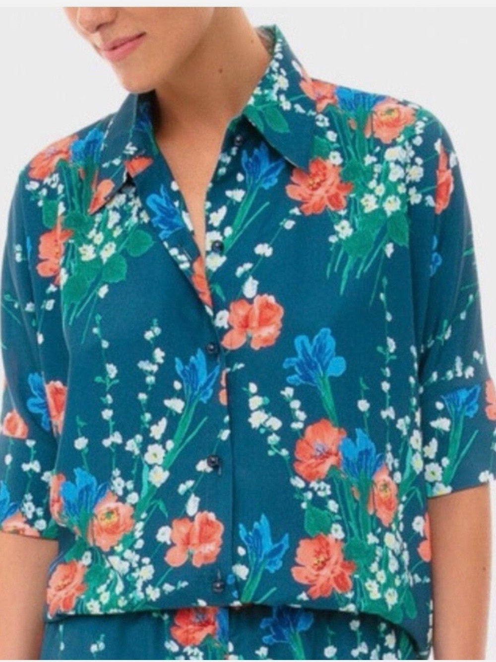 Tuckernuck Teal Floral Button-Down Shirt with Coral & Blue Blooms